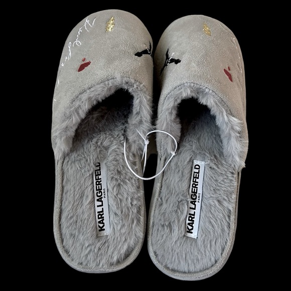 NEW KARL LAGERFELD PARIS LOGO-EMBROIDED FAUX FUR SLIPPERS SANDALS WOMEN … - Picture 4 of 5
